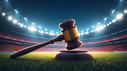 Dramatic sports law concept with gavel on stadium field under bright lights for legal sports issues