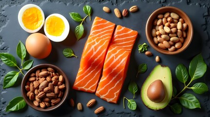 Vibrant salmon fillets with avocado, eggs, and nuts for a healthy balanced diet on a textured surface, fueling active lifestyles today