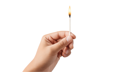 Burning Matchstick Held in Hand on White