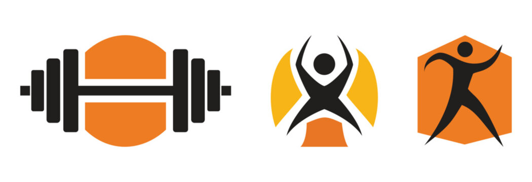 Fitness and body health logos set featuring barbell, abstract figure, and active human silhouette