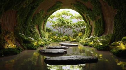 Futuristic zen garden created within a virtual reality dome, emphasizing serenity and innovation