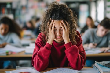 Stressed and overwhelmed young female student holding her head in her hands, struggling with an exam or difficult assignment while studying in a busy school classroom.