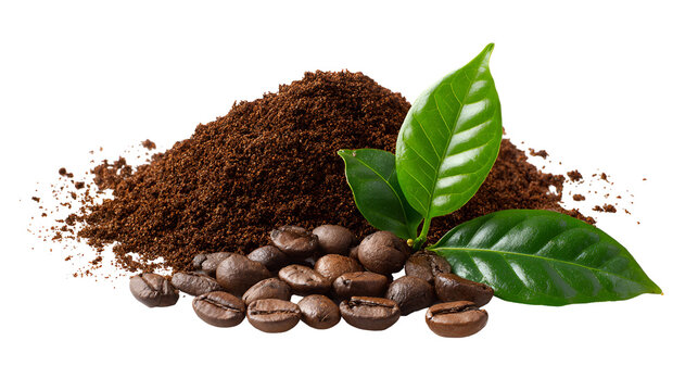 Pile of fresh roasted coffee beans and ground coffee with green leaves isolated on transparent background