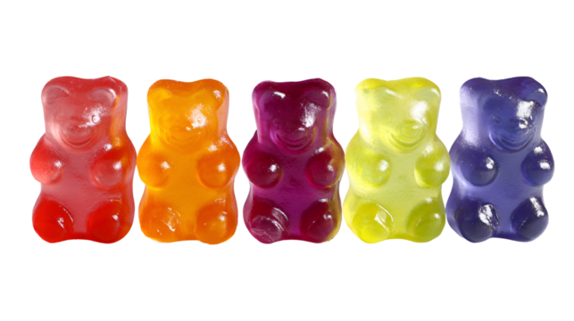 Five colorful gummy bear candies in a row isolated on transparent background