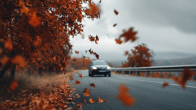 Scenic, low-angle shot of a car driving on an asphalt road in autumn, with vibrant orange and red leaves flying from the trees and blurring the foreground action.