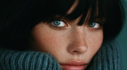 Close up portrait of woman with blue eyes and freckles in cozy sweater