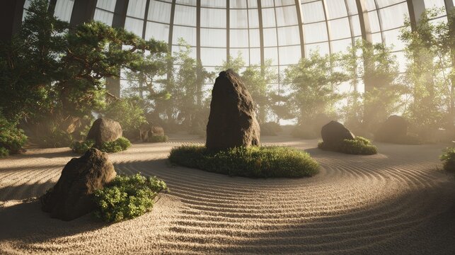 A tranquil futuristic zen garden experience within a virtual reality dome environment