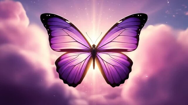 Majestic purple butterfly glowing in dreamy sky