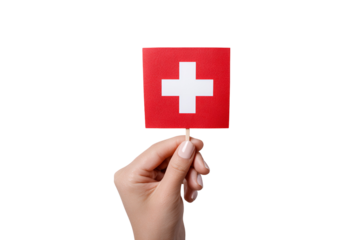 Hand holding a small swiss flag on a stick isolated on transparent background