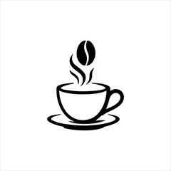 Minimalist coffee cup icon design with steaming hot beverage and floating coffee bean, perfect for cafes, logos, and morning drink themes