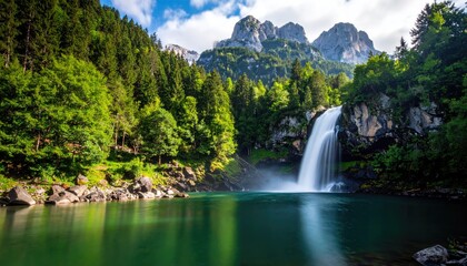 Obraz premium Majestic Waterfall Cascades Down Rocky Cliff Into Turquoise Pool Surrounded by Lush Green Forest and Towering Mountains Under a Blue Sky with White Clouds