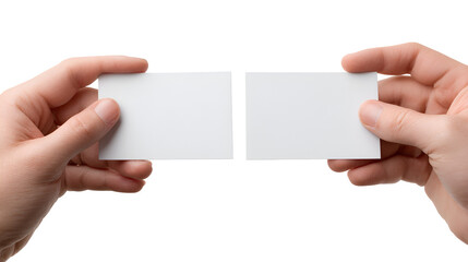 Fototapeta premium Two hands holding two blank white square cards against a black background isolated on transparent background
