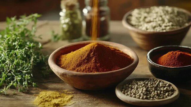 Various spices and herbs arranged on a wooden table for cooking.
