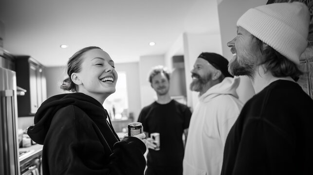 Black and white photo of a group of cheerful young adult friends laughing and talking while socializing and enjoying drinks together at a casual gathering or house party.