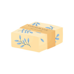 Handmade soap with flowers and the inscription "Made with love." Natural soap. White soap with blue flowers.