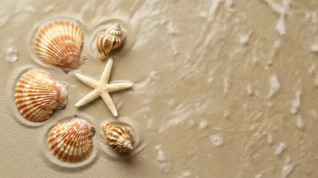 Fondo de video veraniego relajante: Olas suaves del mar turquesa ba&ntilde;ando la orilla de arena con conchas. Escena pac&iacute;fica tropical