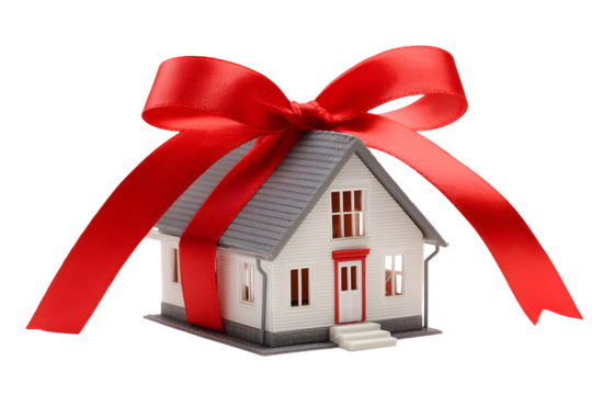 Small white house with a large red ribbon tied around it like a gift isolated on transparent background