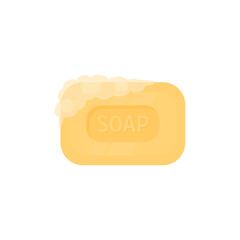 Yellow soap with foam on a white background. Vector illustration of simple soap. Hygiene rules.