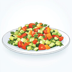 Freshly Chopped Vegetable Salad on a White Plate.