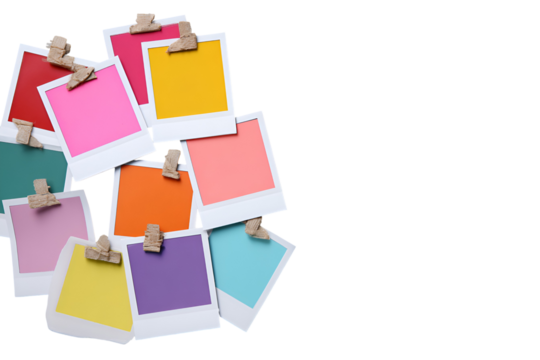 Collection of colorful instant photo prints attached with wooden clips isolated on transparent background