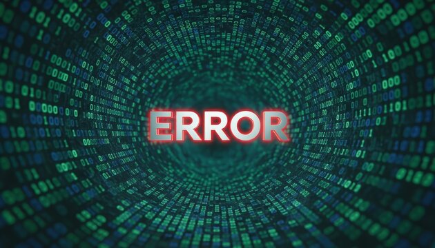 Error message displaying within a digital tunnel constructed from flowing green and blue binary code, symbolizing system failure, technical problems, and data corruption