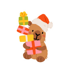 Cute Christmas capybara sticker set, festive holiday capybaras with Santa hats, presents, mistletoe, candles and cozy accessories. Flat vector illustration for greeting cards, patterns