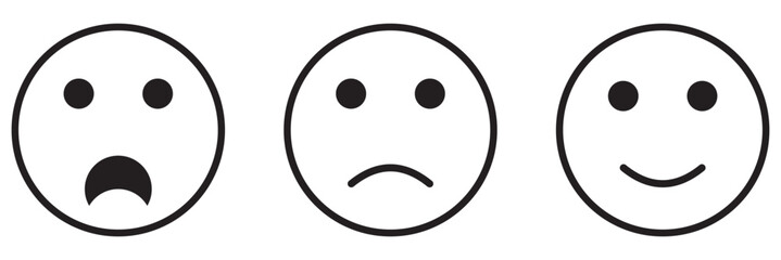 Smiley emoticons. Different facial expressions: happy, sad, surprised emoji icons. Smile icon set. Emoticons simple line icon negative, neutral & positive sign. Rating or feedback emojis. web icon.