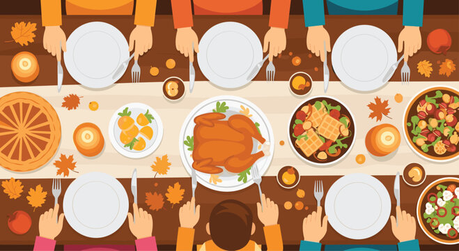 Family gathering around a vibrant Thanksgiving table with delicious food and autumnal decorations, creating a warm and inviting atmosphere