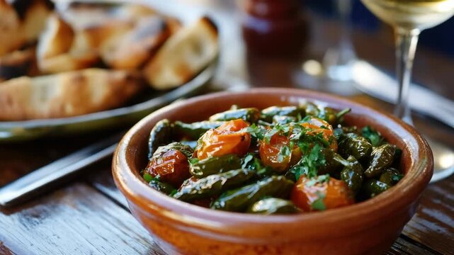 A traditional Spanish dish of rice, beans and vegetables in a ceramic bowl.