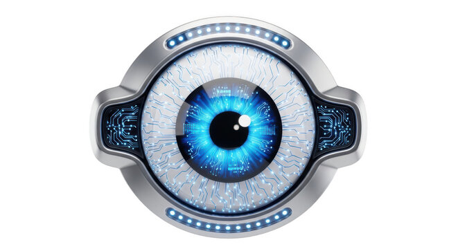 Futuristic Robotic Eye with Blue Glowing Iris and Circuitry on Background cyborg artificial intelligence isolated on a transparent background
