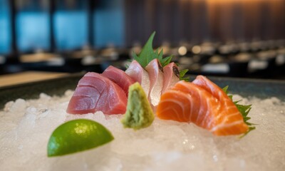 Fresh raw fish slices assortment on ice, featuring tuna, salmon, and other fish, garnished with Japanese horseradish and lime