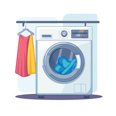 Frontloading washing machine with clothes inside and hanging on the side