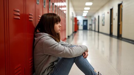 Lonely and downcast teenage girl huddled on the floor. Disheartened student experiencing isolation and mistreatment in an empty school hallway