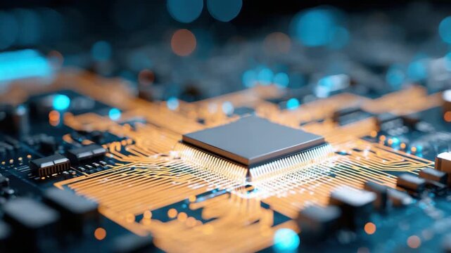 Close-up of a circuit board with a central processor chip.  Complex circuitry with orange/gold traces and a dark gray processor chip are visible.