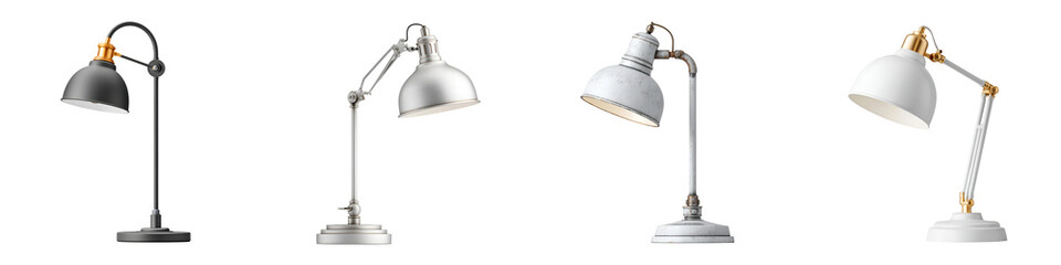 Set of four desk lamps on a white background, modern and classic style.