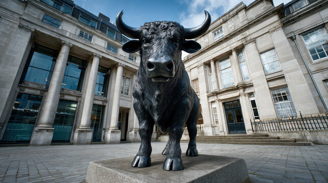 Black metal bull statue standing on stone pedestal in urban courtyard surrounded by classical stone buildings with columns and large windows under blue sky daylight