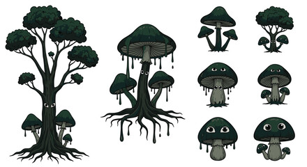 Delightfully spooky mushroom and tree characters perfect for Halloween designs and whimsical storybooks with a cute mysterious vibe