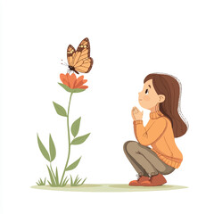 Girl admiring butterfly on flower.