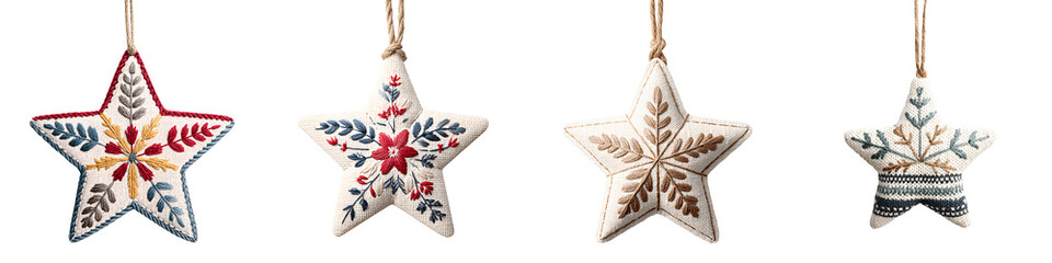 Set of Four Decorative Star Christmas Ornaments on White Background