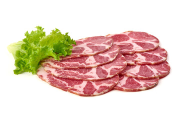 Sliced Capocollo with Lettuce, isolated on white background