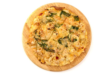 Cauliflower Pizza with Spinach on Wood, isolated on white background