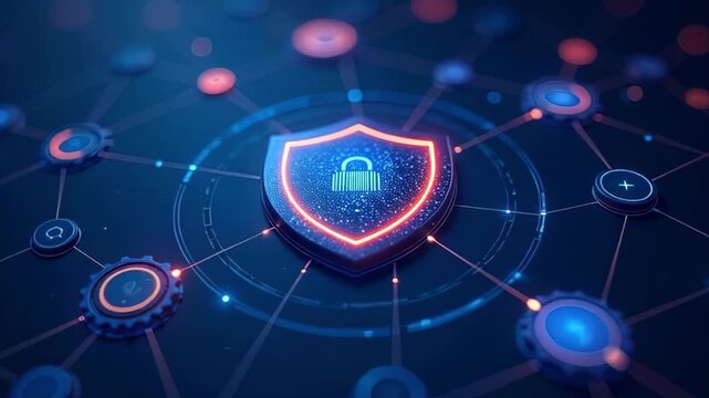 Glowing neon shield with lock amid connected nodes on dark blue tech background, circuits sparkle suggesting encrypted links and threat defense, concept of cybersecurity and data protection