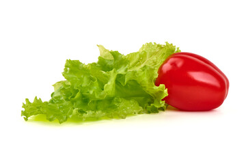 Red Tomato with Green Lettuce, isolated on white background