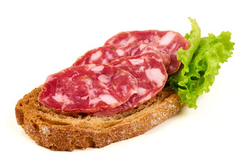 Salami on Rye Bread with Lettuce, isolated on white background