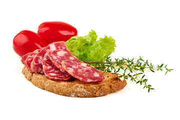 Salami Sandwich with Tomato, Lettuce and Thyme, isolated on white background