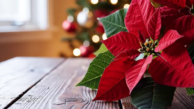 Bright Red Poinsettia Flower on Rustic Wooden Table with Blurred Christmas Tree and Lights in Background