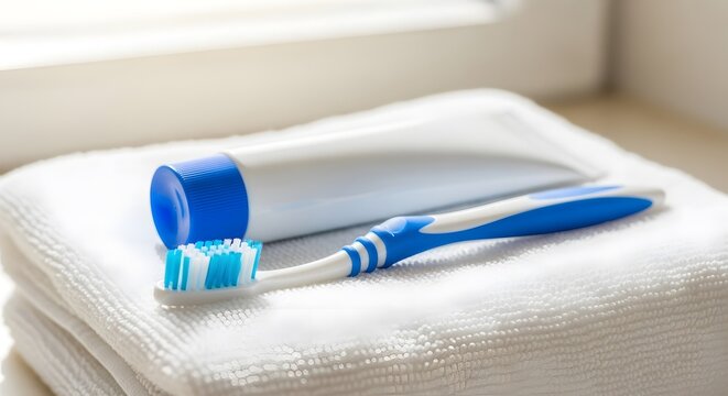 Toothbrush and toothpaste on stack of white towels dental hygiene and healthcare concept studio shot for morning routine and wellbeing with soft focus on bright and sunny day