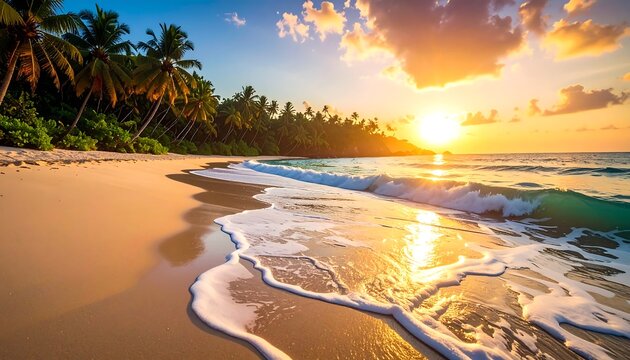 A tropical beach scene at sunset. Golden sunlight bathes the ocean waves and sands, with palm trees lining the shore under a vibrant sky