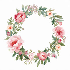 Fototapeta premium Watercolor wreath of peonies and ranunculus in soft pastel hues with delicate petals and foliage isolated on white background 