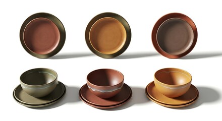 Ceramic tableware set displayed on white background studio shot